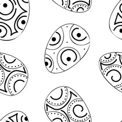 Vector illustration. Ethnic hand drawn monochrome seamless pattern. Festive background with Easter linear eggs. Design of postcards, banners, textiles, wallpapers and other promotional products.