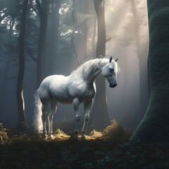 white horse in a forest in sunlight