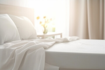 White bedding sheets and pillow background, Messy bed concept created with generative Ai technology - obrazy, fototapety, plakaty