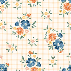 Delicate Chintz Romantic Meadow Wildflowers and Gingham Plaid Vector Seamless Pattern. Cottagecore Garden Flowers and Foliage Print. Homestead Bouquet. Farmhouse Background - 582334738