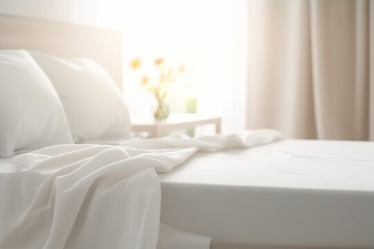 White bedding sheets and pillow background, Messy bed concept created with generative Ai technology