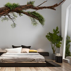 1 A bedroom with a tree branch as part of the room decoration1, Generative AI