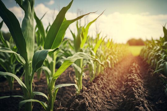 Organic Maize Farm, Corn Field Seeding And Plantign Agriculture, Spring Season, Generative Ai