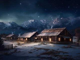 Fototapeta premium Rustic Winter Cabin with Snowy Mountains and Beautiful Night Sky, Milk Way