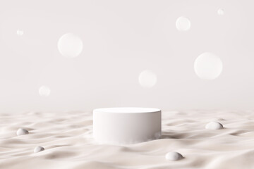 beach or desert product stand podium backdrop bubbles float in fog or mist cosmetic skincare fashion advertisement counter brand circle concept surface sand display white minimal. 3D illustration