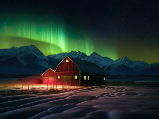 Winter Red Cabin with Snowy Mountains and Beautiful Night Sky, Aurora Borealis