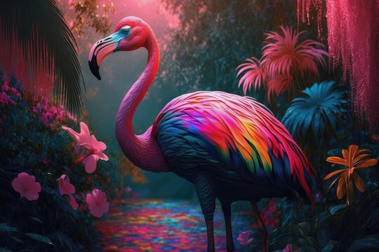 Pink Flamingo with Rainbow feathers in an Exoctic Forest  - Generative AI