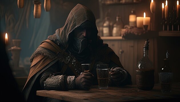 thief drinking in a tavern digital art illustration, Generative AI