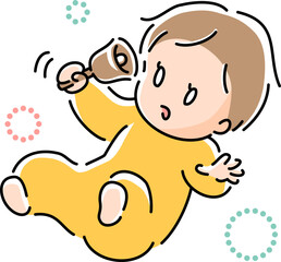 寝転んでベルのおもちゃで遊ぶ赤ちゃん