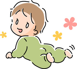 腹ばいで振り向く笑顔の赤ちゃん
