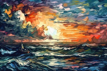 Fototapeta na wymiar Ocean impressionism painting art illustration with Generative AI