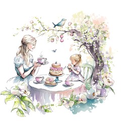 Mother's Day watercolor art, outdoor tea party in a lush garden, with a mother and child seated at a dainty table adorned with floral accents. They are sipping from delicate tea cups, generative ai