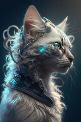 Step into the Future with a Beautiful Ethereal American Curl cat Feline: A Beautifully Designed Artistic Illustration Perfect for High-Tech and Sci-Fi-Themed Projects (Generative AI