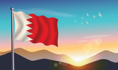 Bahrain flag with mountains and morning sun in background