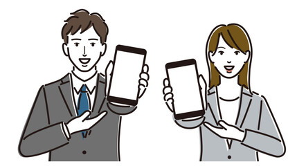 スマホの画面を見せる　こちらです　ビジネスマン　女性ビジネスパーソン　男女　セット