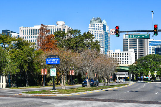 Welcome to downtown Orlando sign off Orange Ave in central Florida