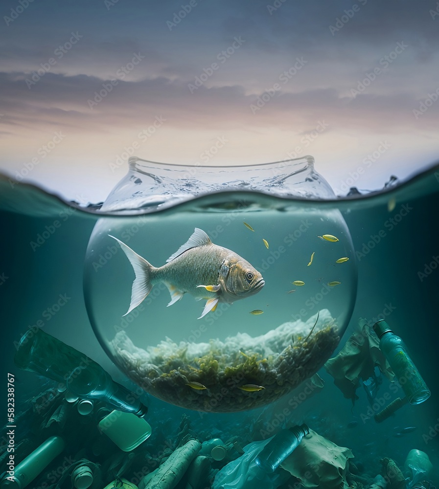 Wall mural Ocean pollution. Fish in fishbowl sorrounded by trash. Ecology concept - Wall murals