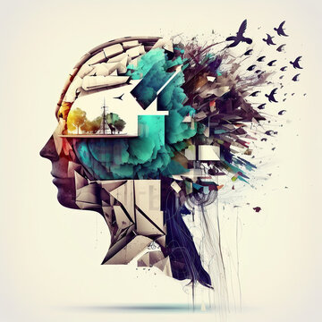 abstract concept creative head full of ideas, illustration, exploding mind, brainstorming