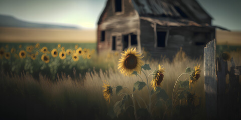 Rustic Barn Weathered Wood Vintage Tools, Serene Sunflower Field Landscape, Old Run Down Abandoned Building, Aged Farmhouse Rusty Shed Out House, Overgrown Nature Returning Years Growing Juxtaposition