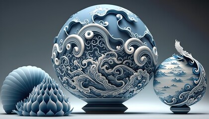 decorative Chinese ceramics, blue and white porcelain, background, wallpaper, generative AI
