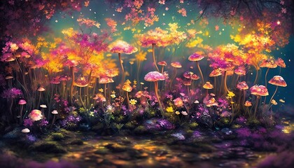 glowing flowers in the garden, background,  colorful, beautiful, fantasy, generative AI