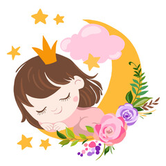 Illustration of a little sleeping baby. Little beautiful girl fell asleep in the flowers. Sleeping Beauty.