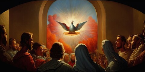 Illustration of Pentecost sunday holy spirit, Dove, Holy Spirit, and Flame for Pentecost. - obrazy, fototapety, plakaty