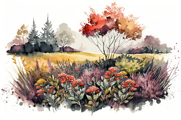 Illustration Of A Flower Meadow In Autumn, Watercolor Illustration Of Autumn Flower Meadow, Spring Season, Generative Ai