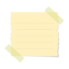 Torn yellow sticky note vector illustration. Taped square office memo paper template.