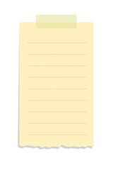 Torn yellow sticky note vector illustration. Taped office memo paper template.
