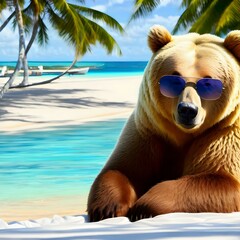 grizzly bear, polar, wearing sunglasses and lying on a beach bed on a tropical island, fantasy, generated in AI
