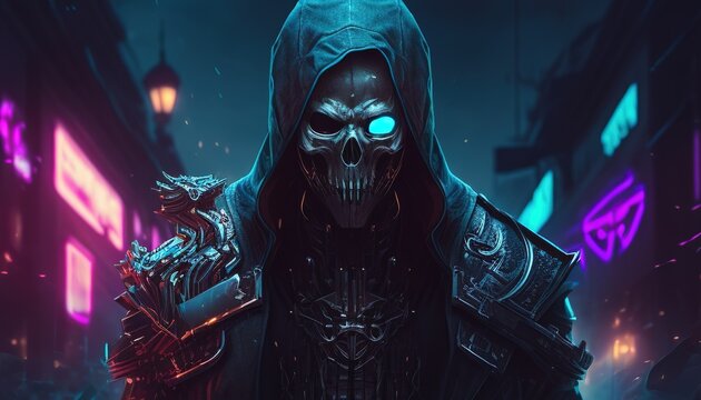 cyberpunk skull assassin digital art illustration, Generative AI