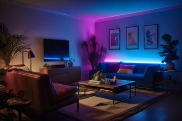 Living Room with LED Lights created with Generative AI Technology, ai, generative