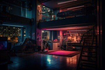 Modern Apartment in the City LED Lights created with Generative AI Technology, ai, generative