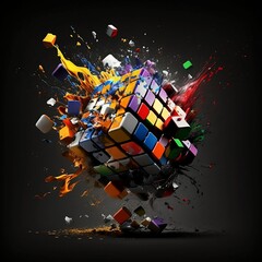 Colorful rubrics cube blasting with various colors - obrazy, fototapety, plakaty