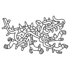 Fototapeta na wymiar Cipactli. Fantastic monster animal from Aztec mythology. Native American design from Mexican codex. Black and white linear silhouette.