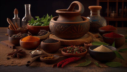 Obraz na płótnie Canvas Ayurveda Pots and Ingredients on Table Generative Ai 4