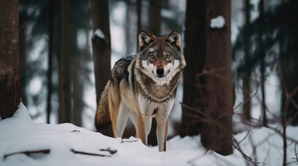 Obraz premium Wolf in the Winter Forest. Generative AI.