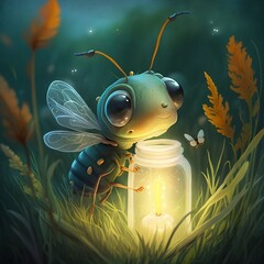 Cute firefly with bigeyes. Light in a jar. Nature. 3D render.