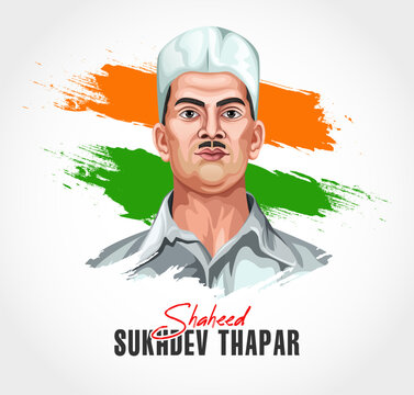 Freedom Fighter and National Hero of India Sukhdev. Vector illustration for patriotic concept banner for Indian Martyr's Day, 23 march , with tricolor abstract background. Inquilab zindabad.