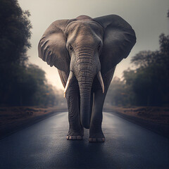 Massive Elephant Blocks Roadway, Generative AI.