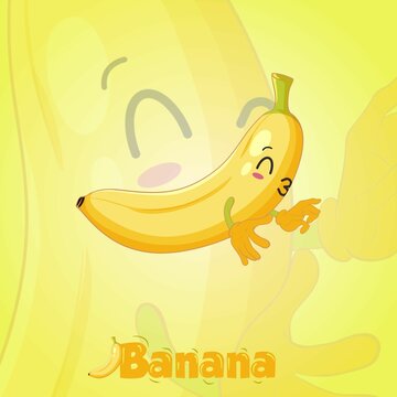 Banana vector image containing lots of vitamins, with a yellow background and banana letters underneath