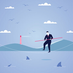 Man Business Character walking on the Rope with Shark on the Bottom with Land and Lighthouse