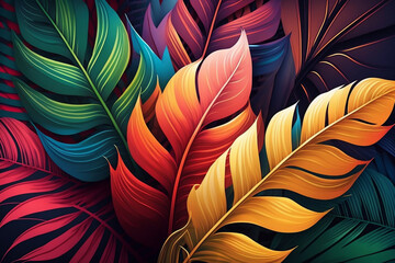 Abstract Colorful Tropical Leaves Background, Spring Season, Generative Ai