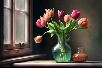 Tulips In A Vase On A Windowsill, Tulips On Windowsill, Spring Season, Generative Ai