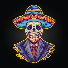 Spooky mexican muertos sugar skull sombrero hat logo illustrations vector for your work logo, merchandise t-shirt, stickers and label designs, poster, greeting cards advertising business company brand