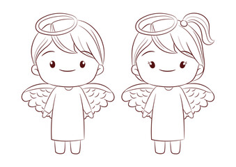 Cute angel boy and girl standing together doodle style on white background vector.