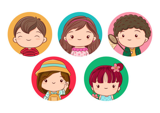 Kids avatar collection. Cute children, boys and girls faces, Colorful user pic cartoon character. Hand drawn sketch design style cartoon illustration isolated on white background.