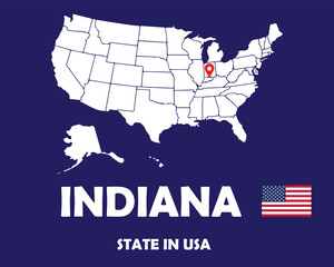 Fototapeta na wymiar Indiana state of USA text design with America flag and white silhouette map