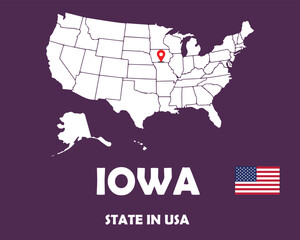 Fototapeta na wymiar Iowa state of USA text design with America flag and white silhouette map.